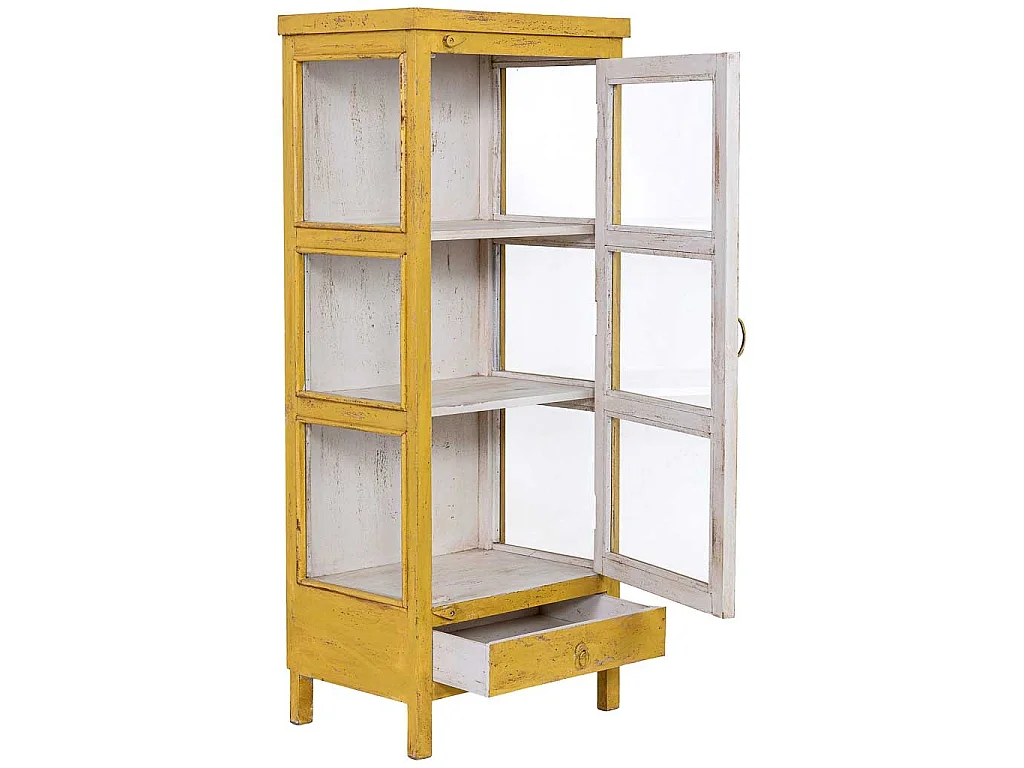 Vitrine bois artisanal jaune 58x39x140h cm