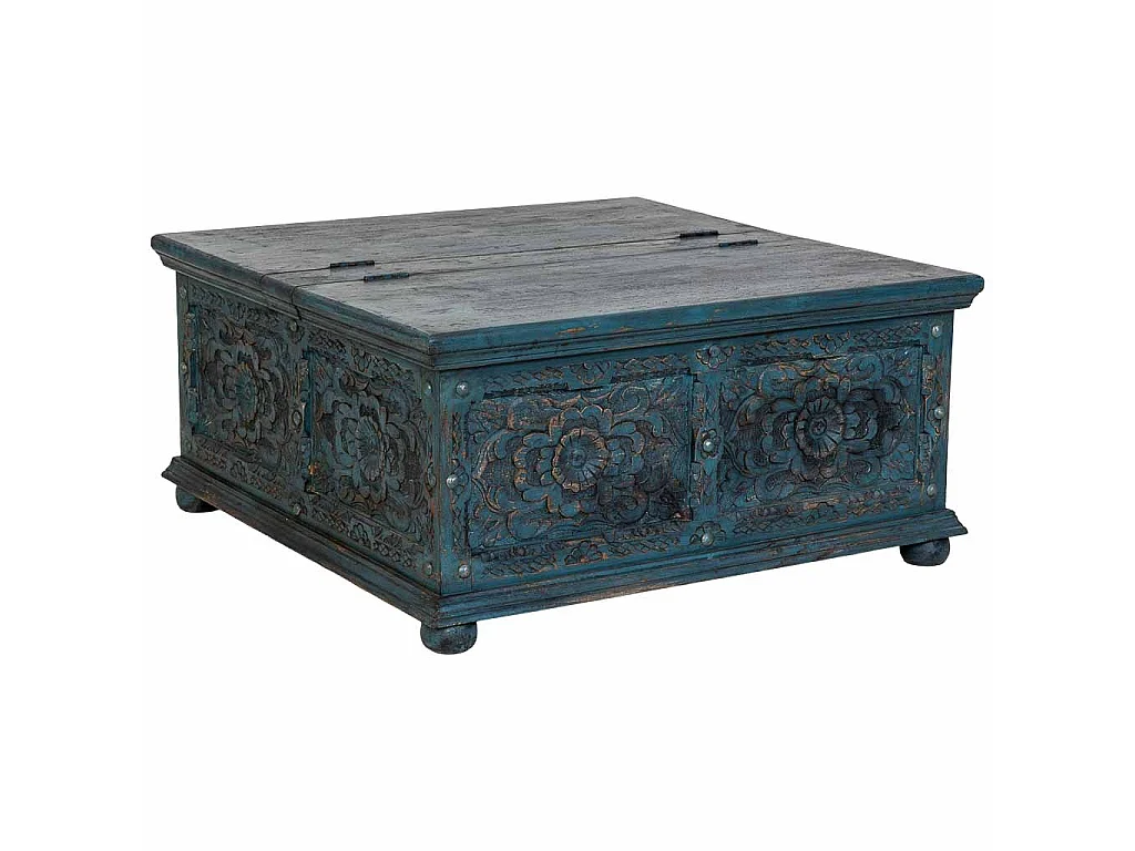Table basse artisanale en bois bleu 100 x 100 x 47 cm (h)
