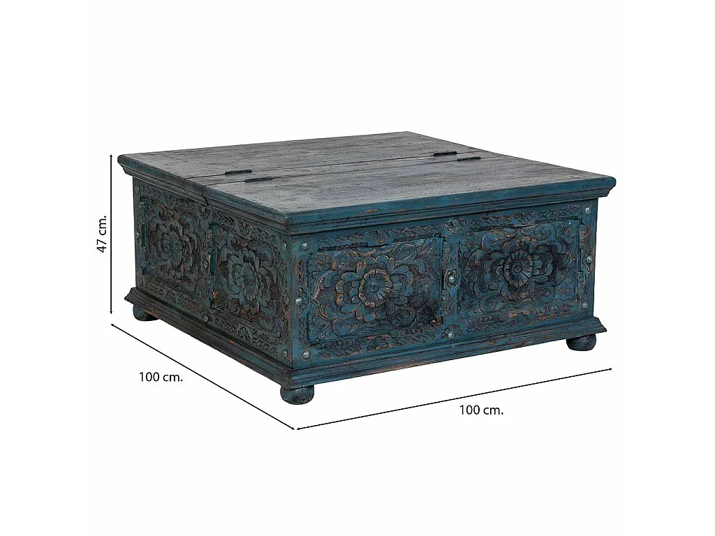 Table basse artisanale en bois bleu 100 x 100 x 47 cm (h)