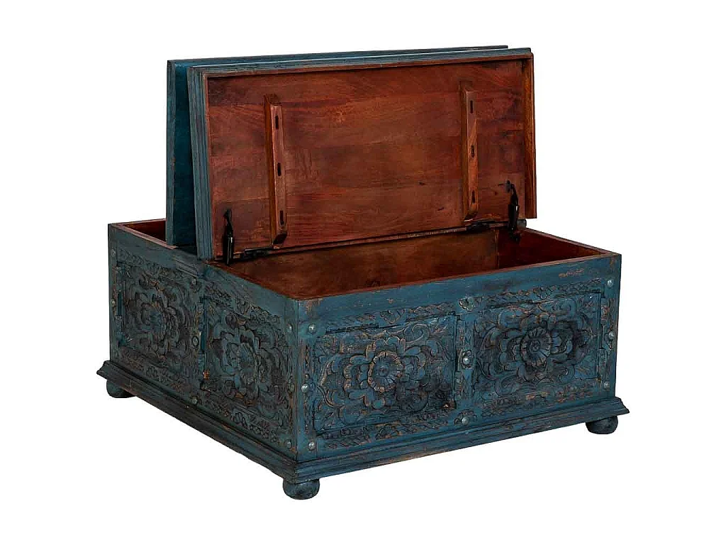 Table basse artisanale en bois bleu 100 x 100 x 47 cm (h)