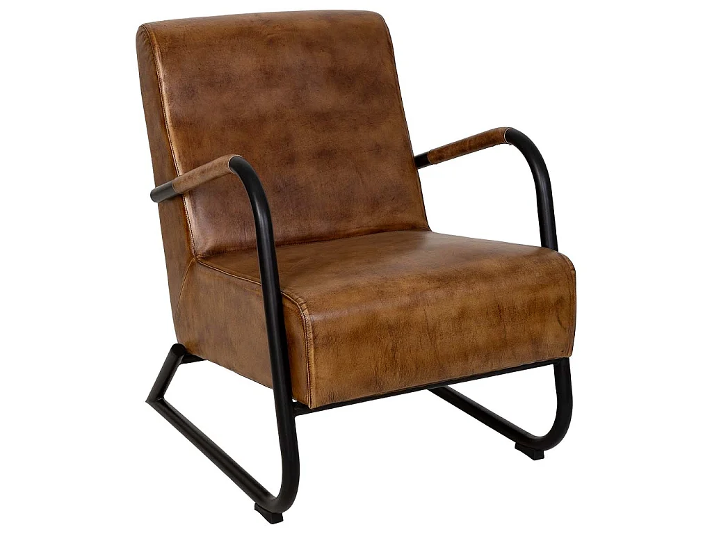 Fauteuil en métal recouvert de cuir marron 61x70x84 cm (h)