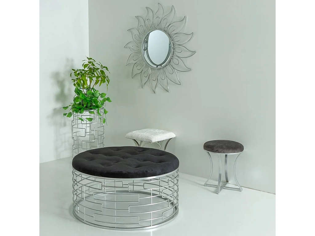 Sgabello rotonda in velluto nero e metallo argento d91,5x47h