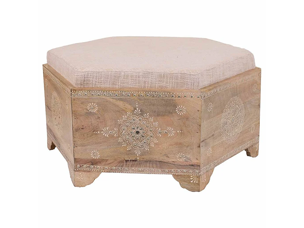Handgefertigte, bemalte Holzbank mit braunem Kissen, 70 x 60 x 29 cm
