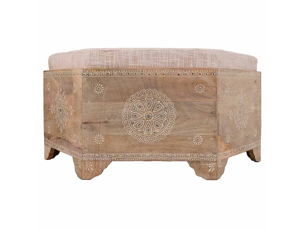 Handgefertigte, bemalte Holzbank mit braunem Kissen, 70 x 60 x 29 cm