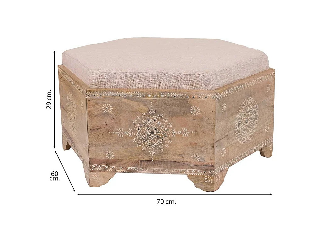Handgefertigte, bemalte Holzbank mit braunem Kissen, 70 x 60 x 29 cm