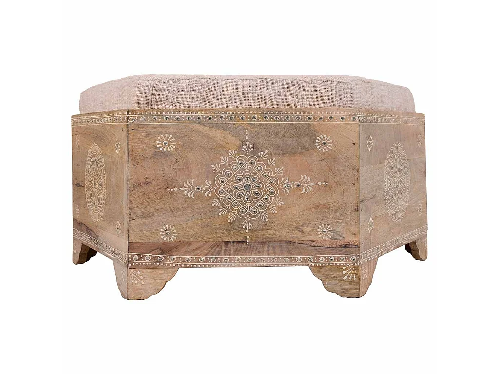 Handgefertigte, bemalte Holzbank mit braunem Kissen, 70 x 60 x 29 cm