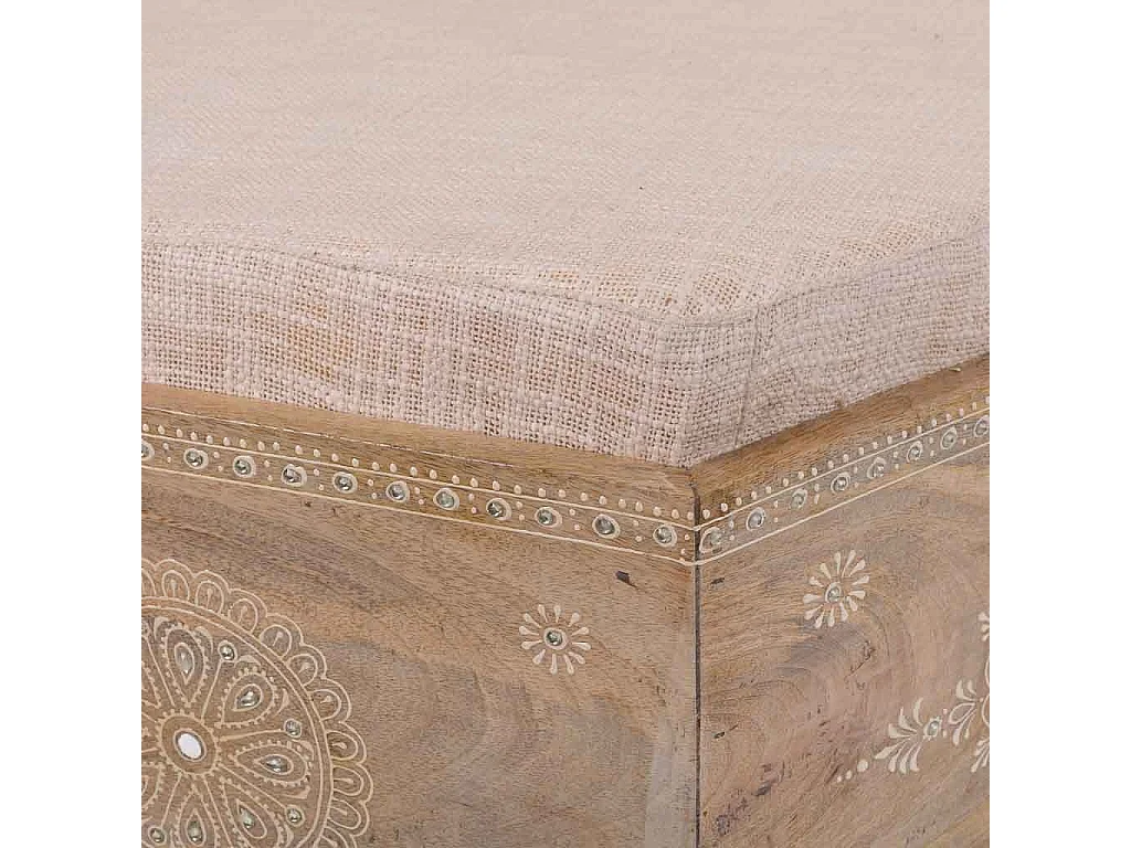 Handgefertigte, bemalte Holzbank mit braunem Kissen, 70 x 60 x 29 cm