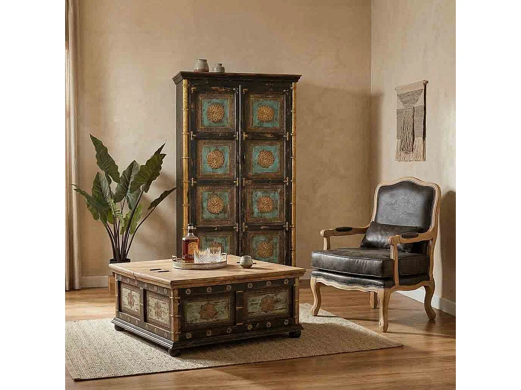 Fauteuil en bois rembourré marron 64x72x92h