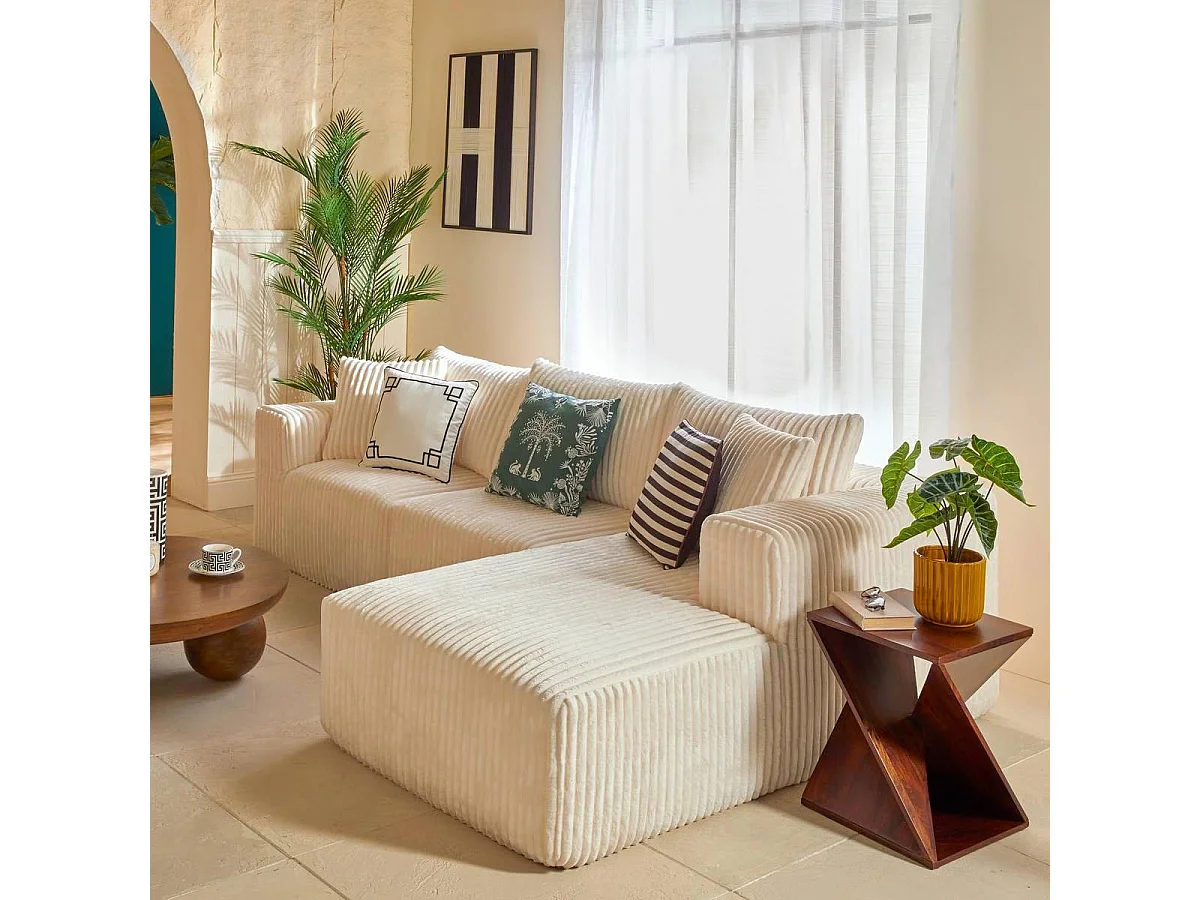 Canapé d'Angle Côtelé "Solka" 254cm Ivoire