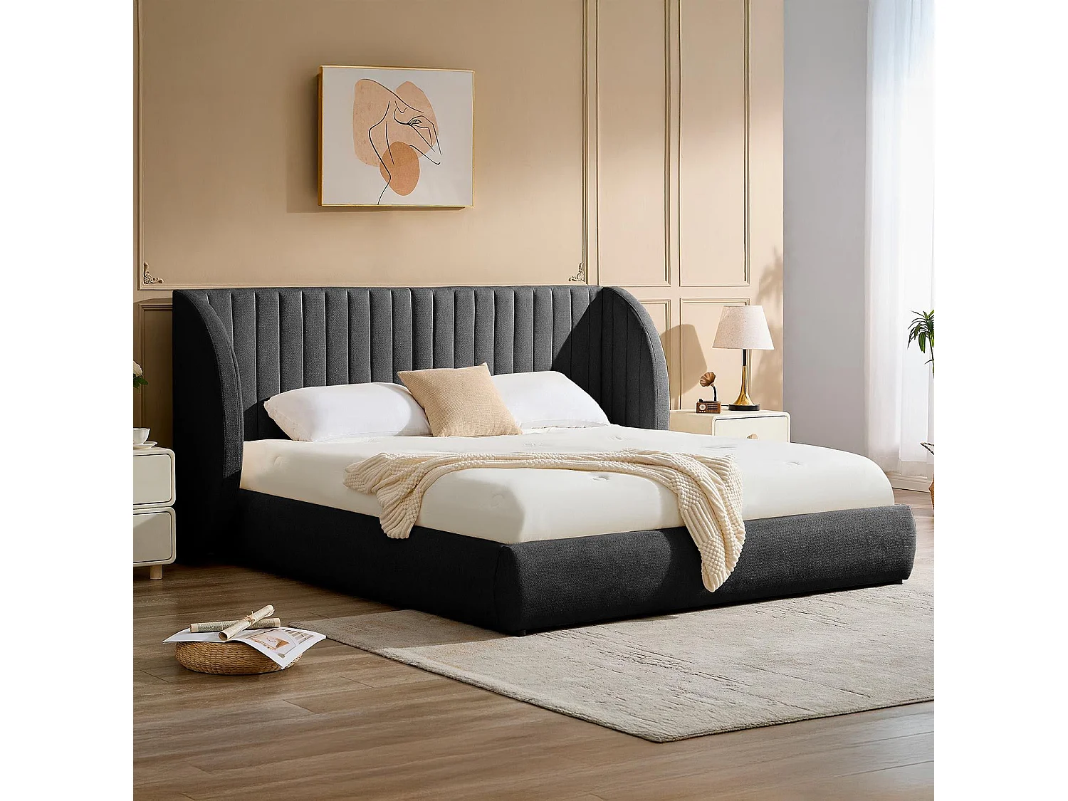 Lit-coffre complet avec tête de lit modulable Cocon 180x200cm Tissu Gris foncé