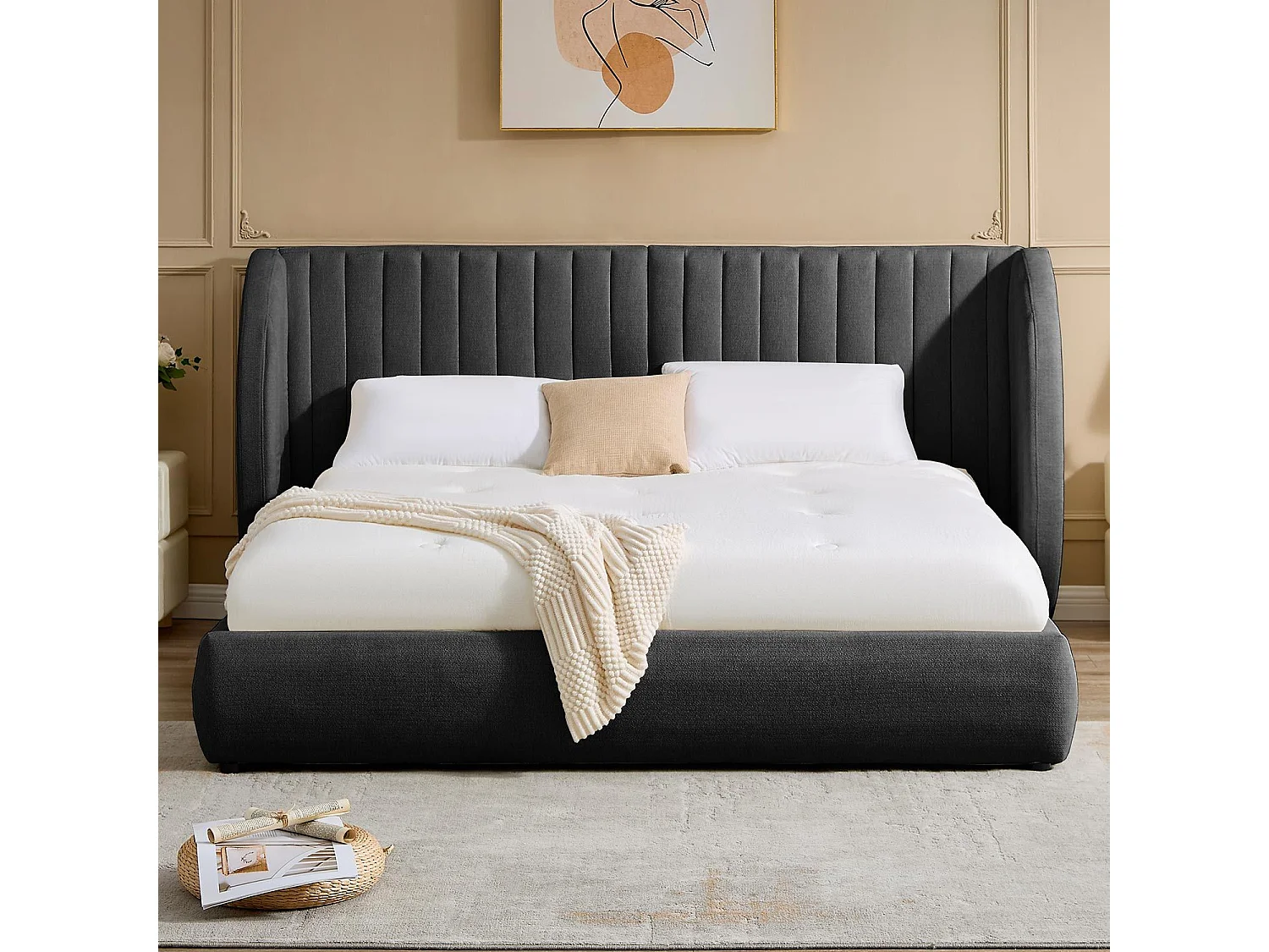 Lit-coffre complet avec tête de lit modulable Cocon 180x200cm Tissu Gris foncé