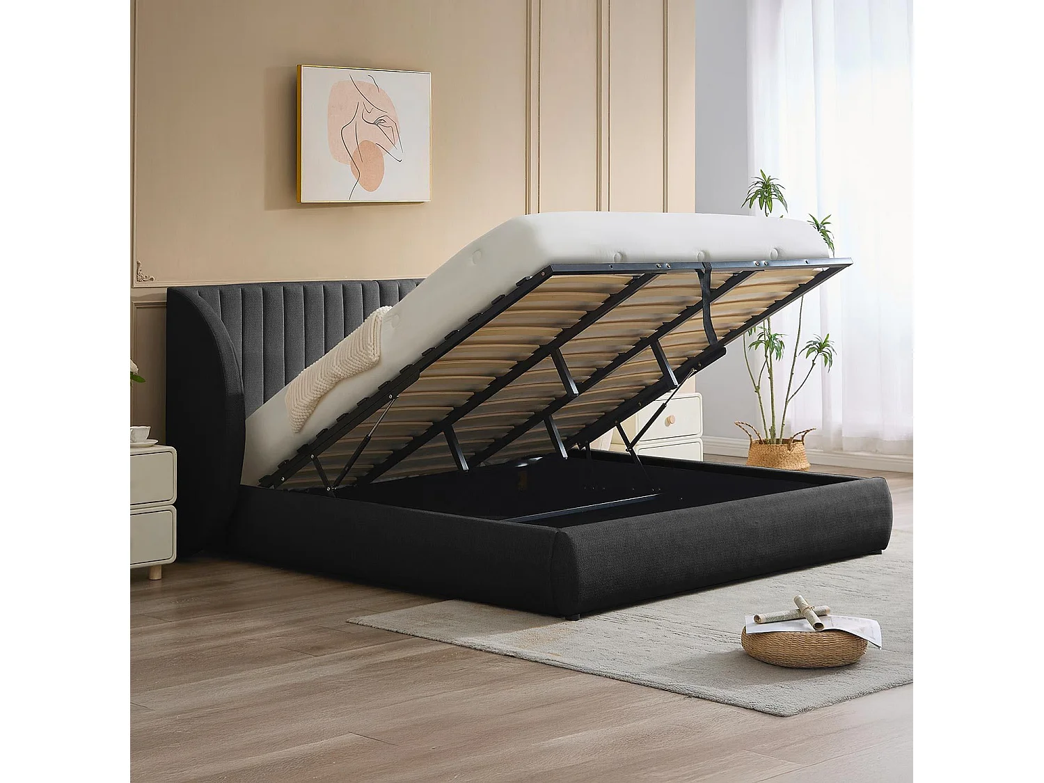 Lit-coffre complet avec tête de lit modulable Cocon 180x200cm Tissu Gris foncé