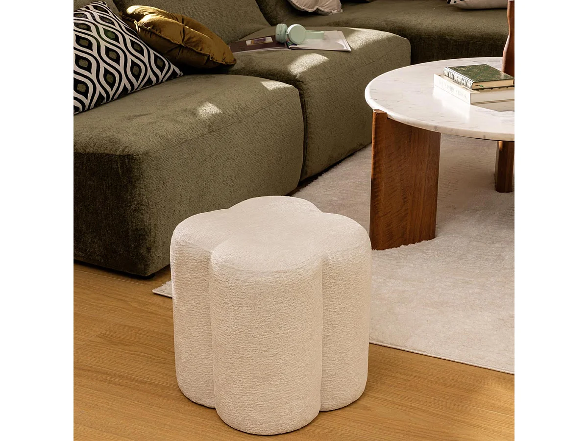 Pouf Fleur Tissu Chenille "Lavon" 38cm Blanc