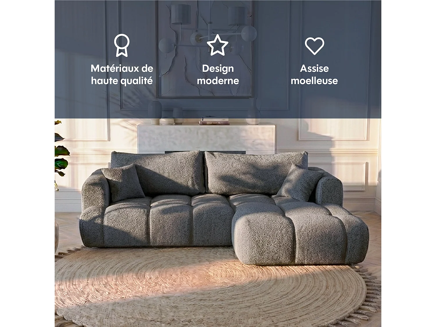 Canapé d'angle droit 3 places en tissu bouclette gris ELINA