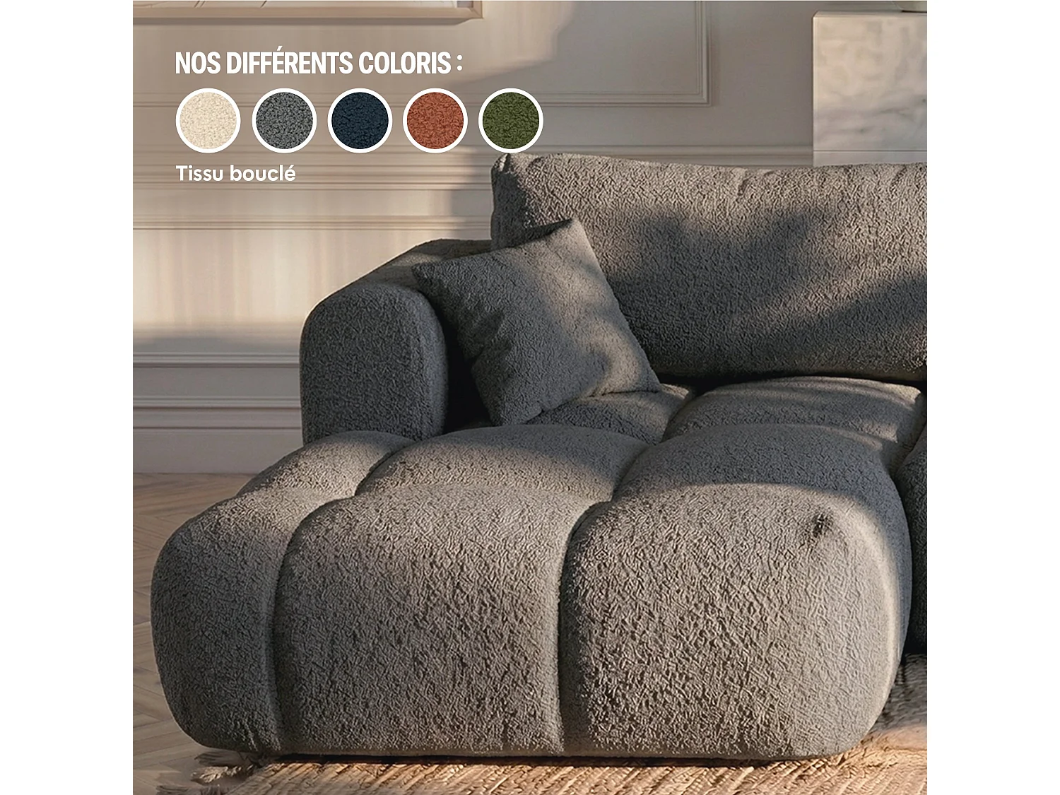 Canapé d'angle droit 3 places en tissu bouclette gris ELINA