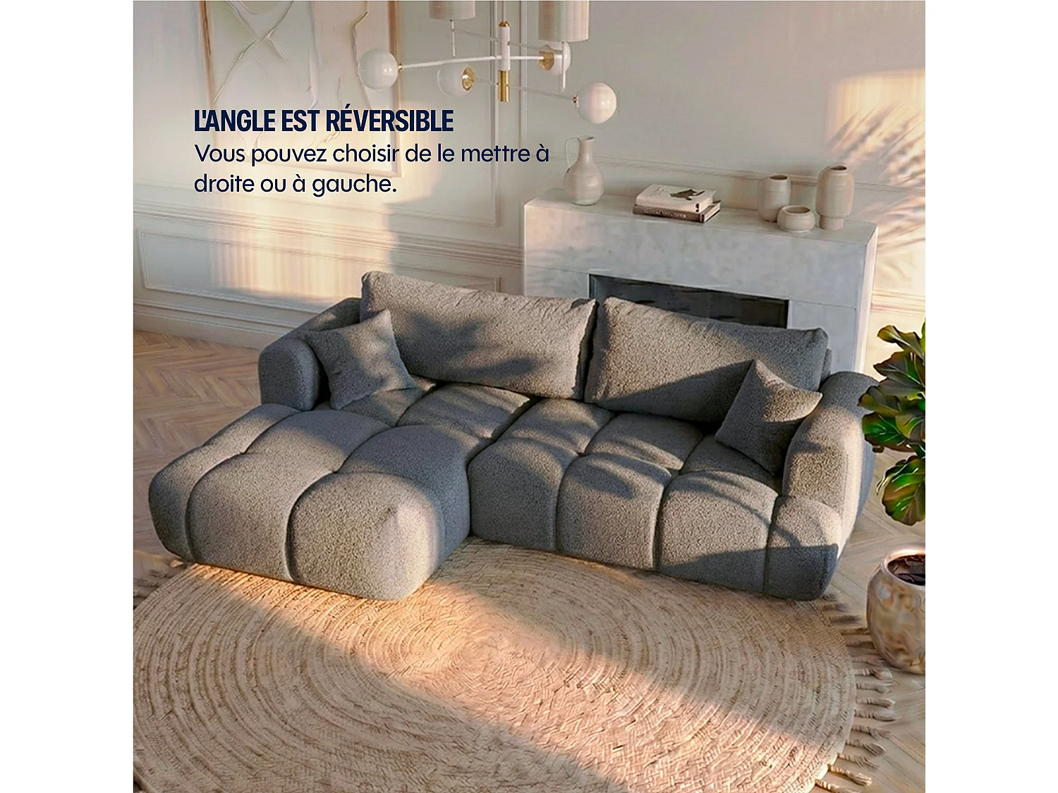 Canapé d'angle droit 3 places en tissu bouclette gris ELINA