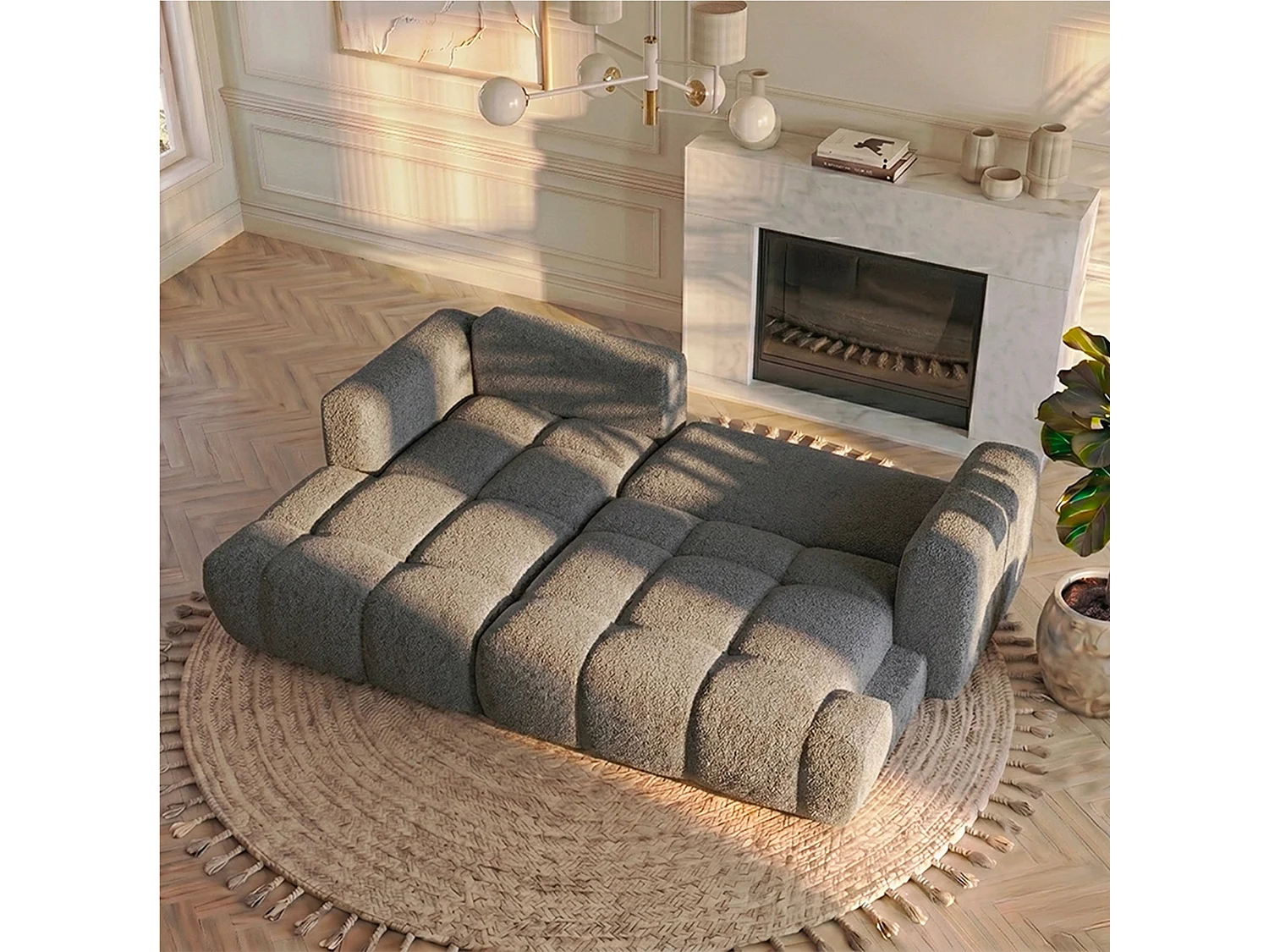 Canapé d'angle droit 3 places en tissu bouclette gris ELINA