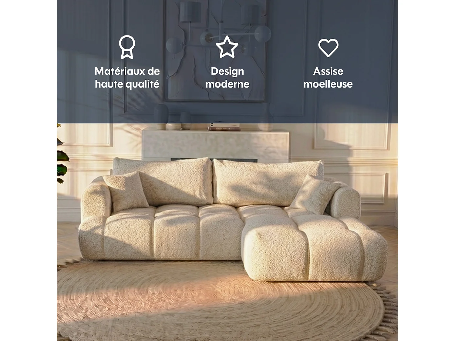 Canapé d'angle droit 3 places en tissu bouclette beige ELINA