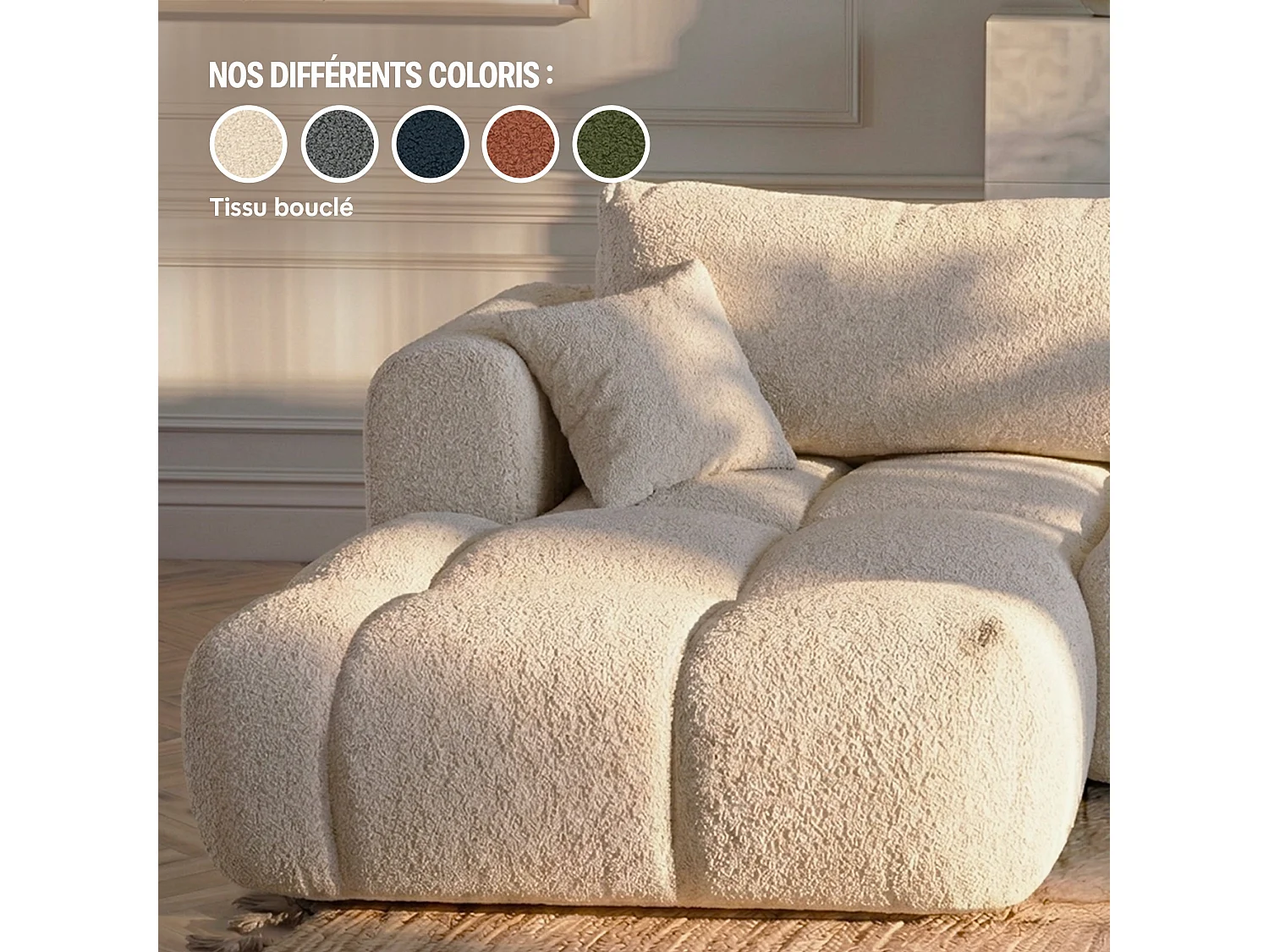 Canapé d'angle droit 3 places en tissu bouclette beige ELINA