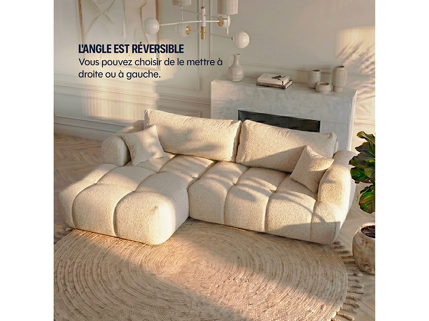 Canapé d'angle droit 3 places en tissu bouclette beige ELINA