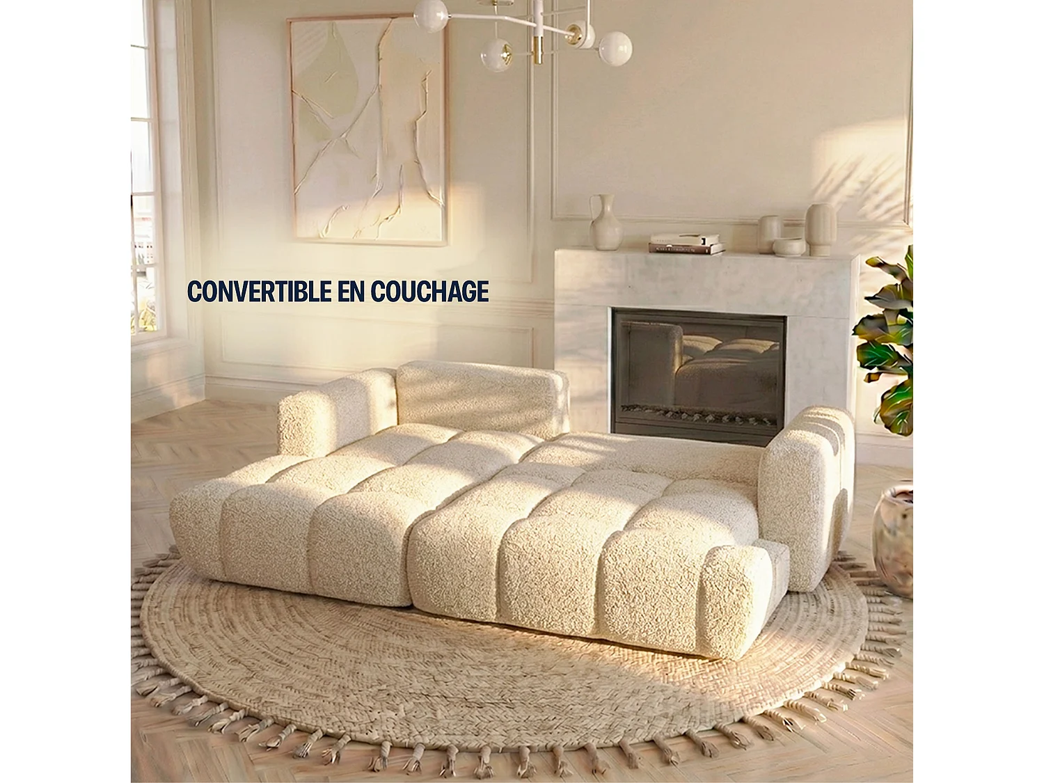 Canapé d'angle droit 3 places en tissu bouclette beige ELINA