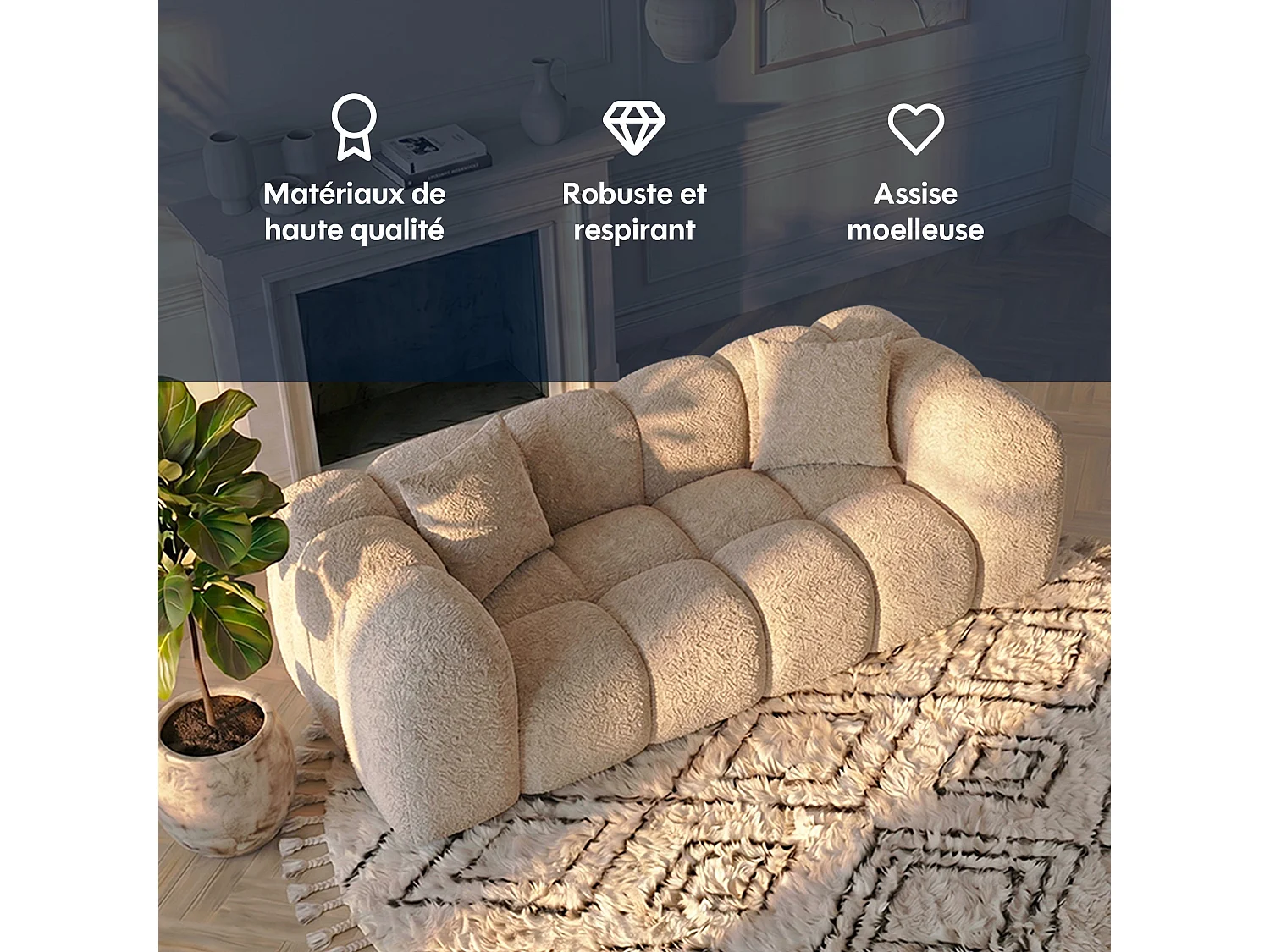 Canapé 2 places en tissu bouclette beige ALBA