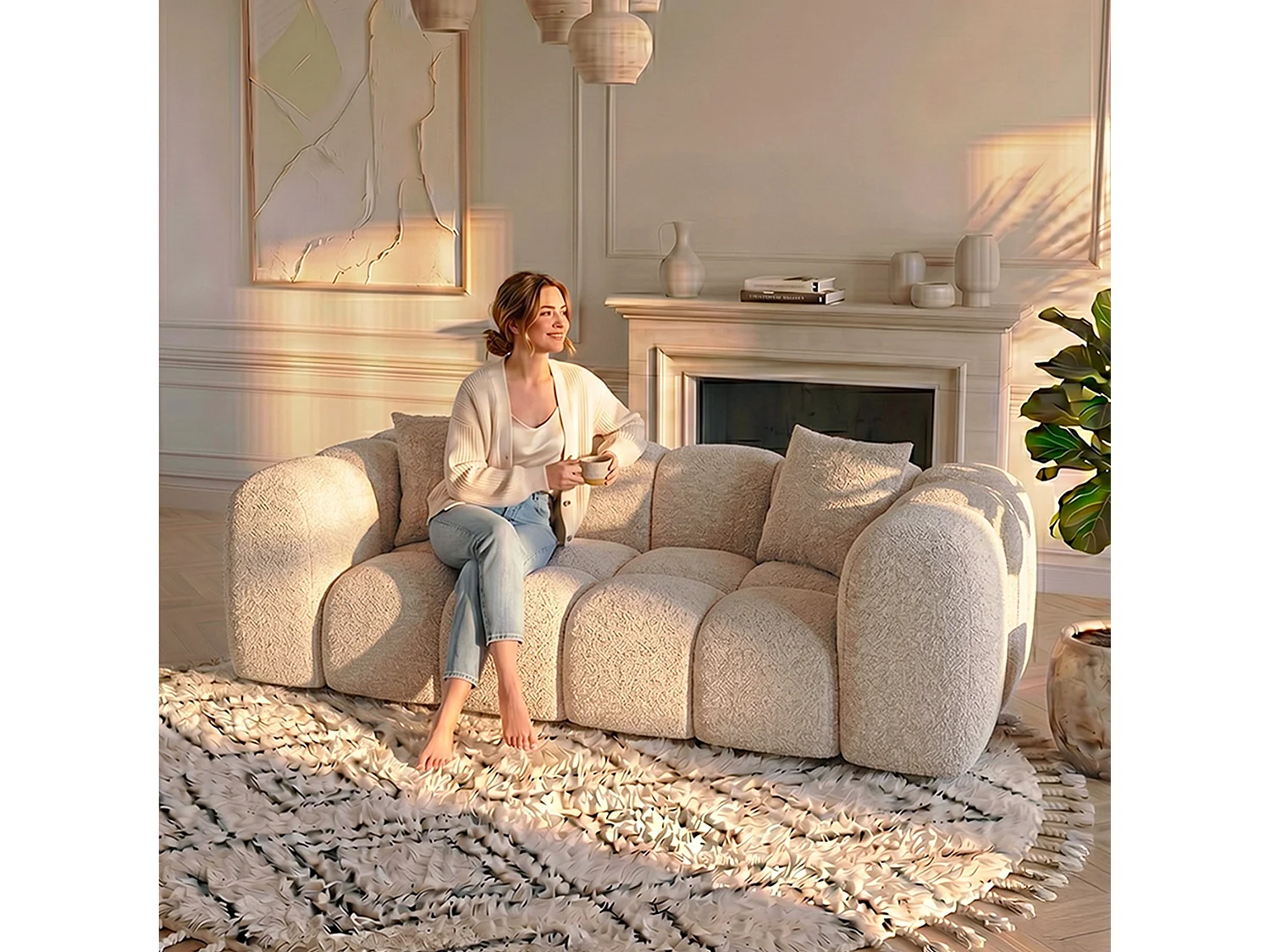 Canapé 2 places en tissu bouclette beige ALBA