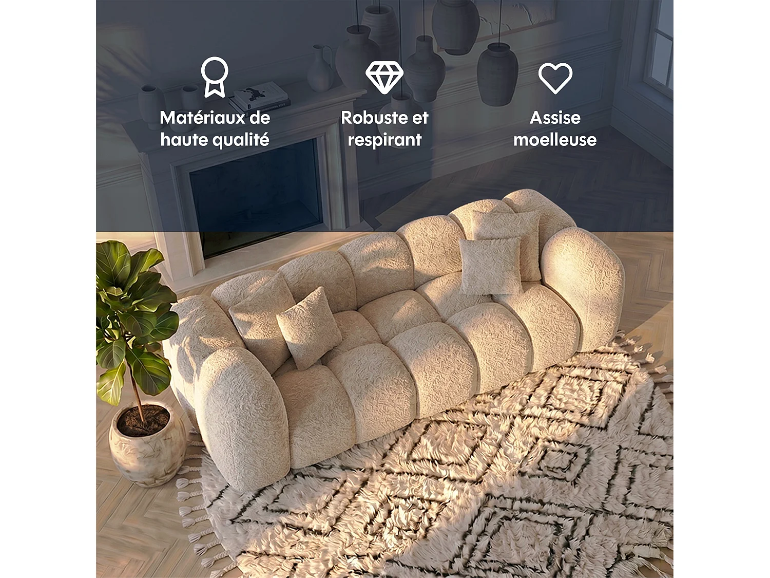Canapé 3 places en tissu bouclette beige ALBA