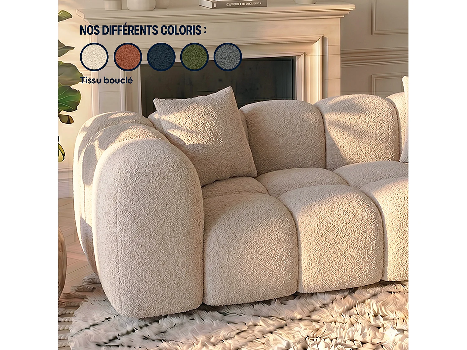 Canapé 3 places en tissu bouclette beige ALBA