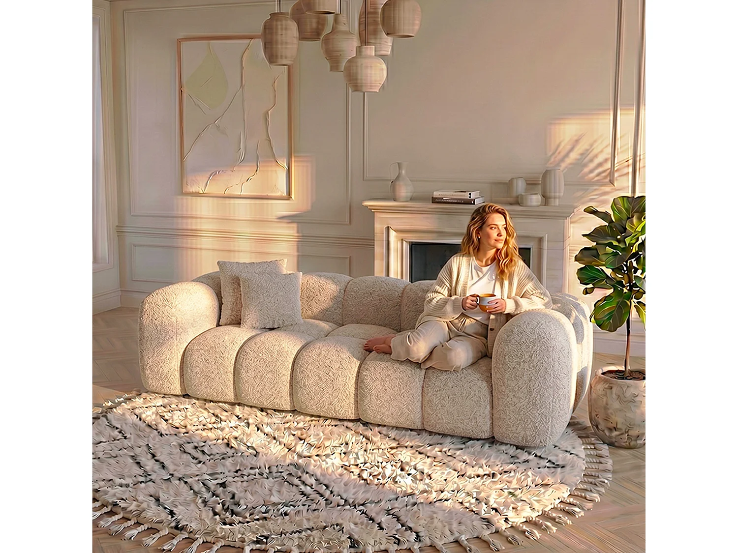 Canapé 3 places en tissu bouclette beige ALBA