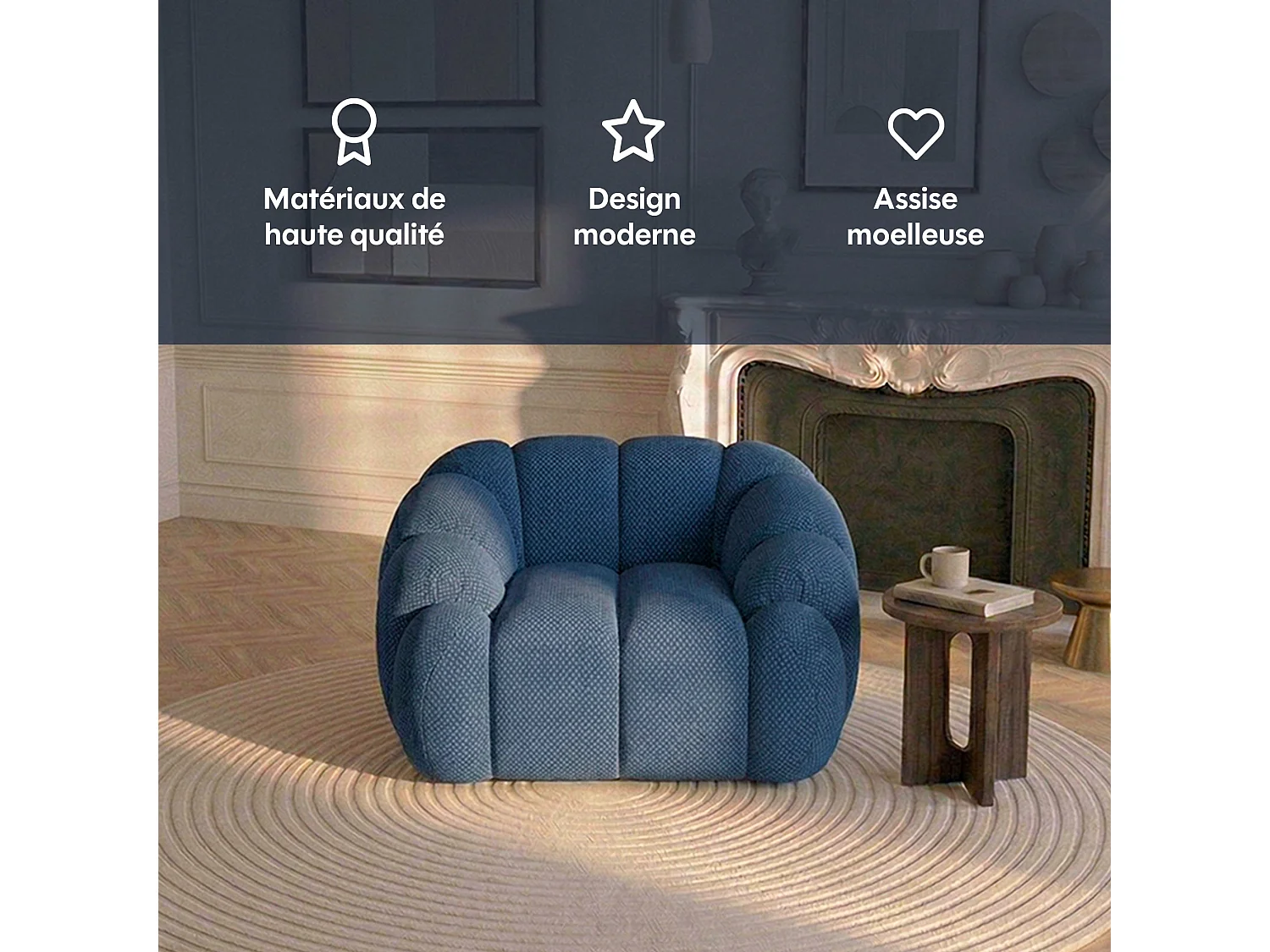 Canapé bulle 1 place en tissu chenille et bois renforcé bleu - Serena