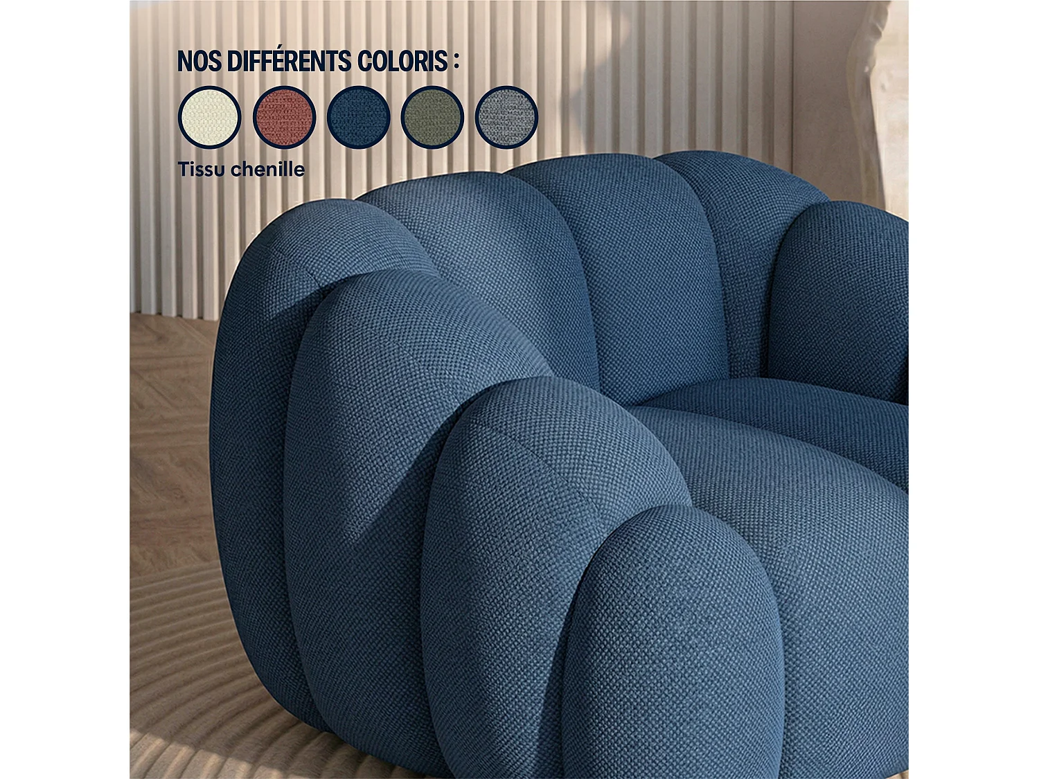 Canapé bulle 1 place en tissu chenille et bois renforcé bleu - Serena