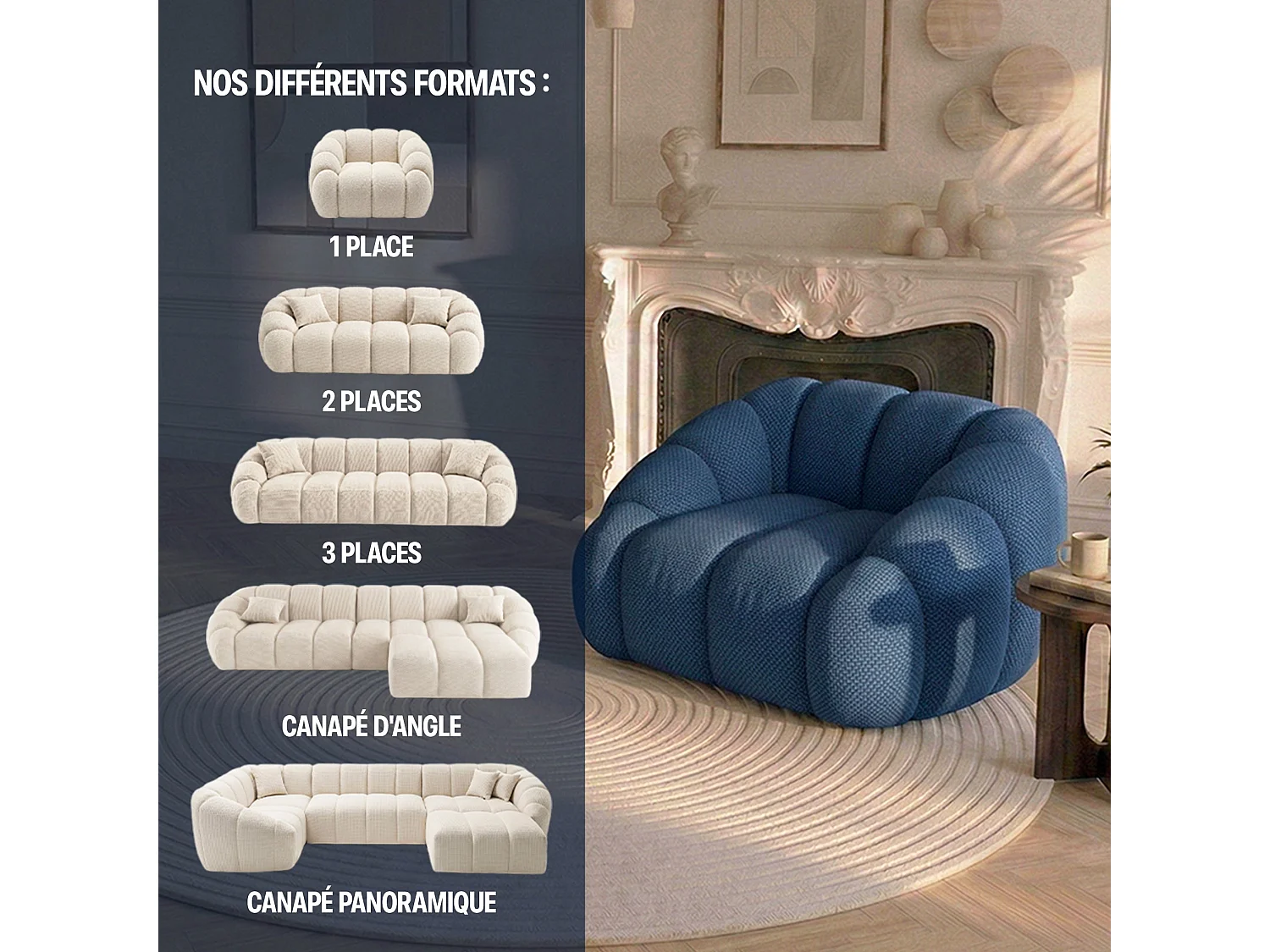 Canapé bulle 1 place en tissu chenille et bois renforcé bleu - Serena