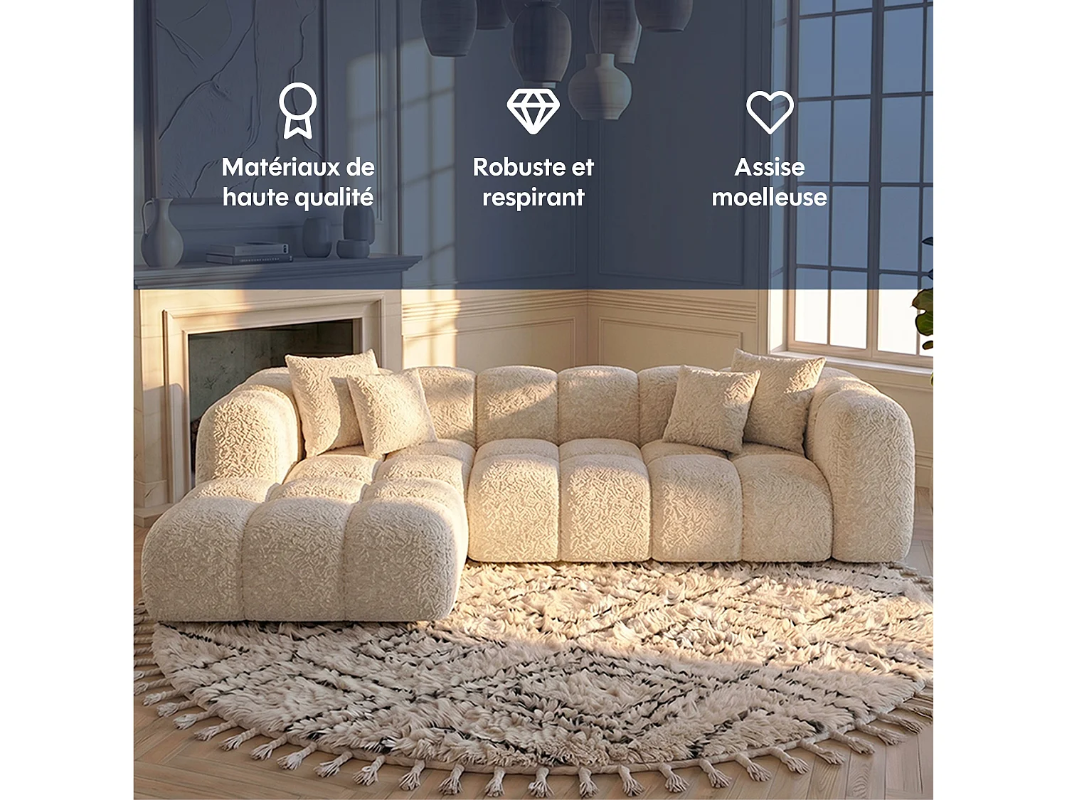 Canapé d'angle droit 3 places en tissu bouclette beige ALBA