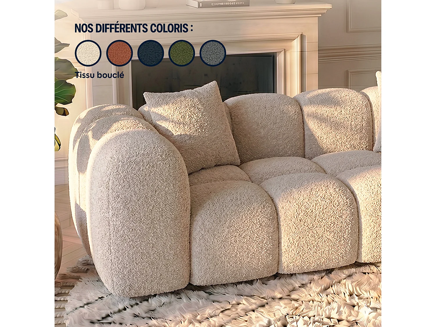 Canapé d'angle droit 3 places en tissu bouclette beige ALBA
