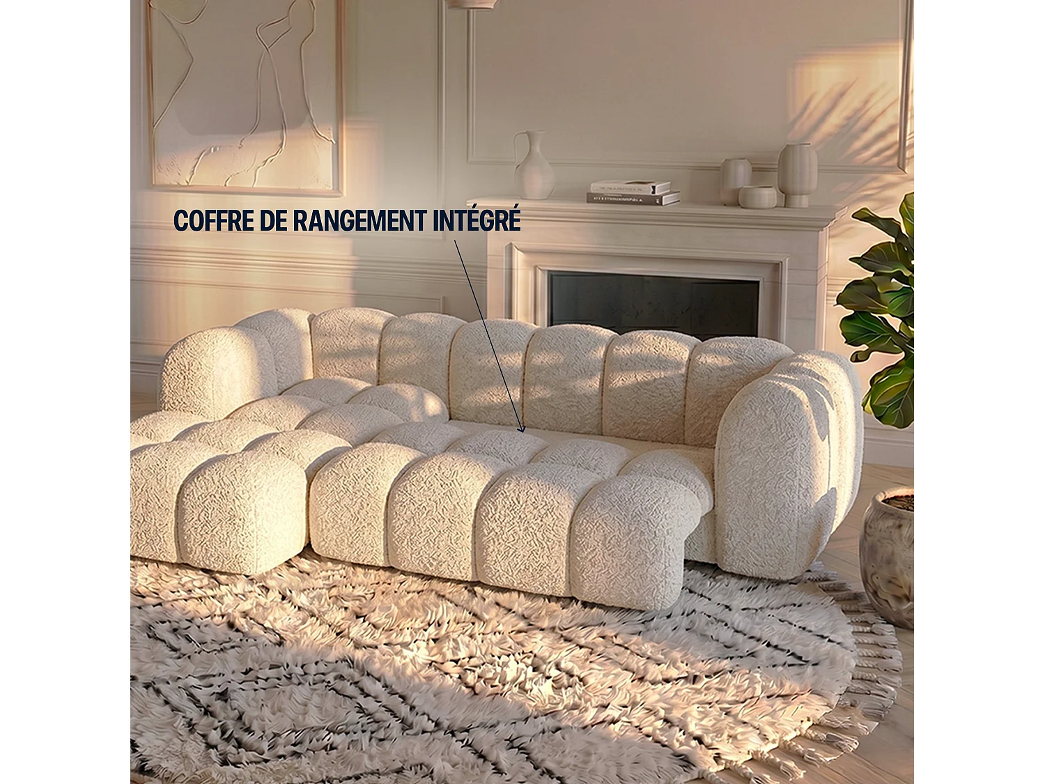 Canapé d'angle droit 3 places en tissu bouclette beige ALBA