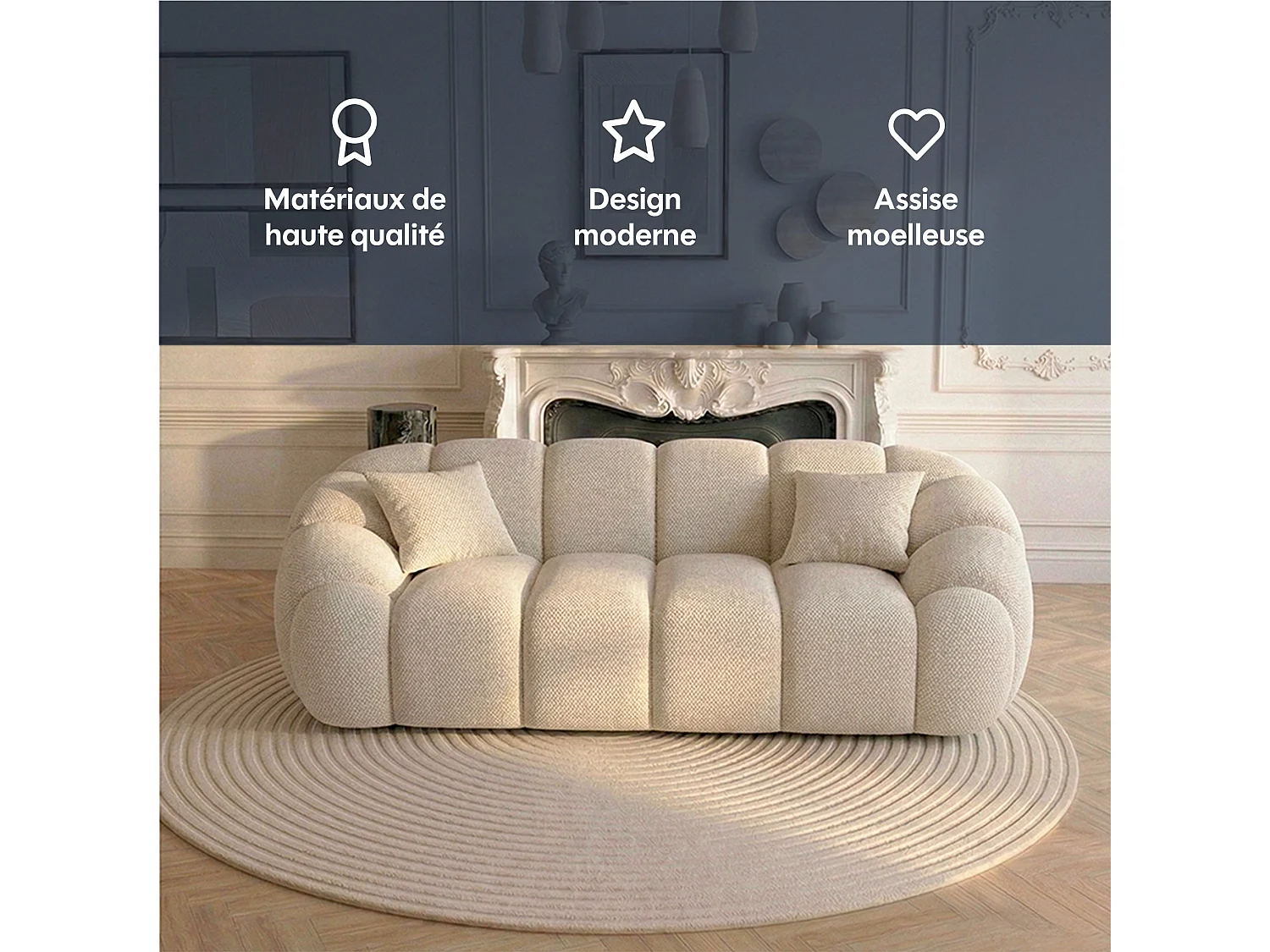 Canapé 2 places en tissu chenille beige SERENA