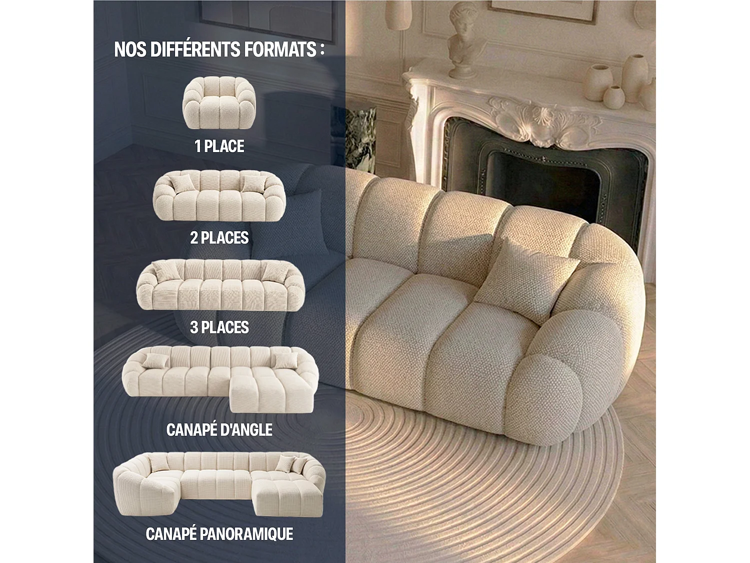 Canapé 2 places en tissu chenille beige SERENA