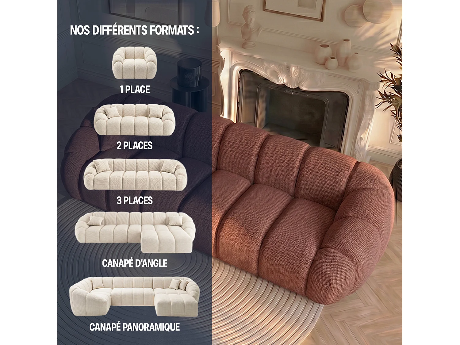 Canapé 3 places en tissu chenille SERENA