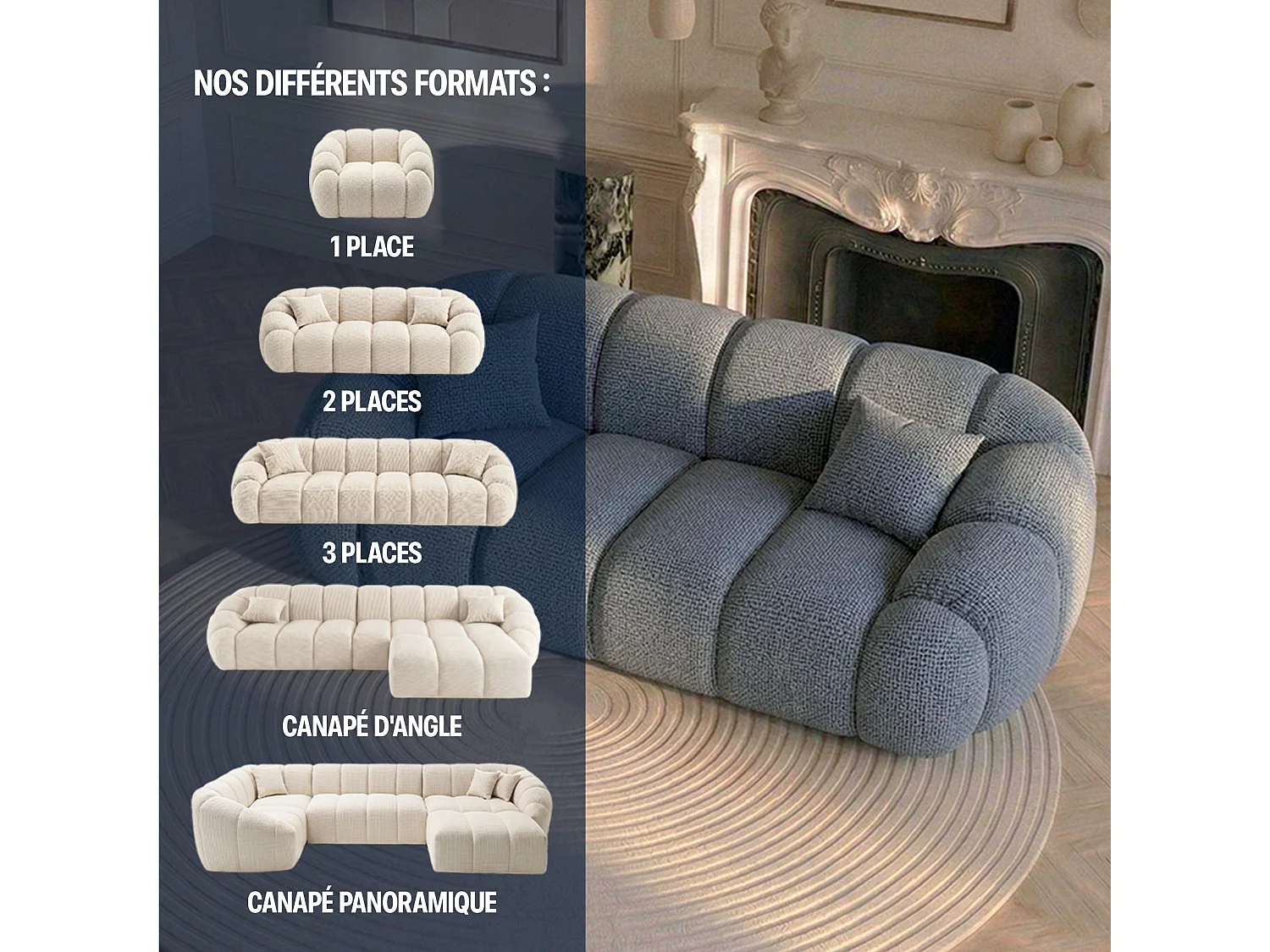 Canapé 2 places en tissu chenille gris SERENA