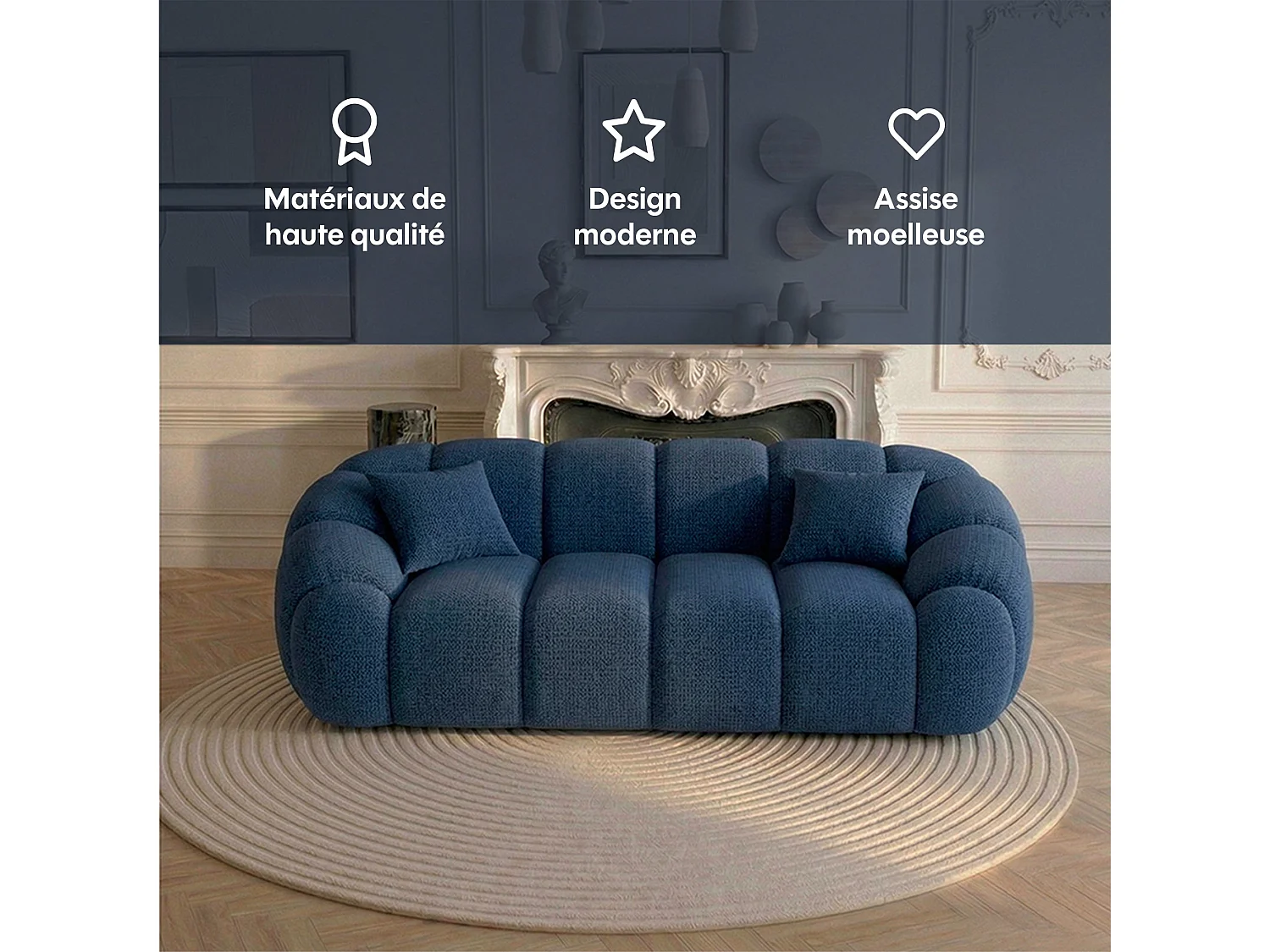 Canapé 2 places en tissu chenille bleu SERENA