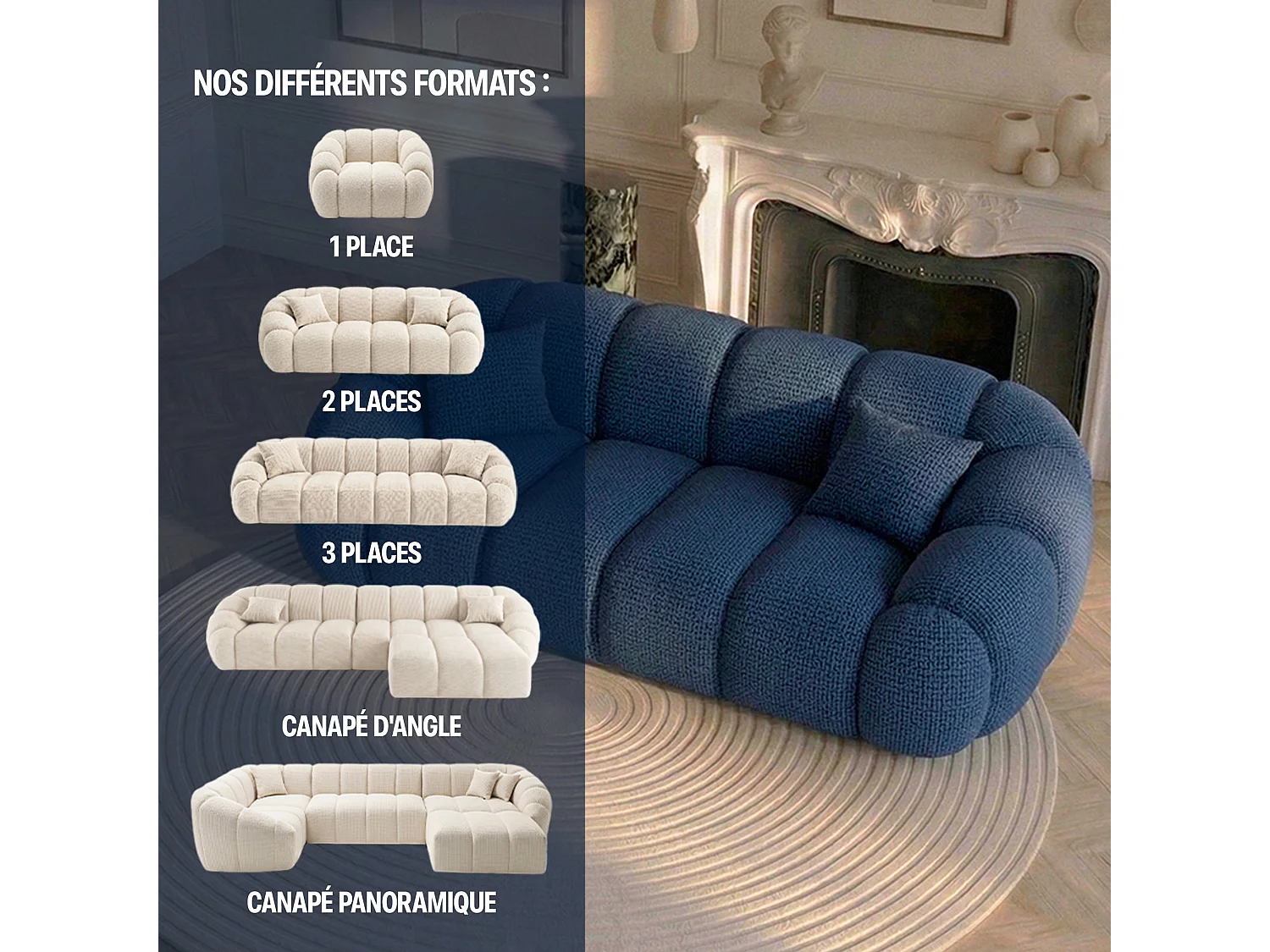 Canapé 2 places en tissu chenille bleu SERENA