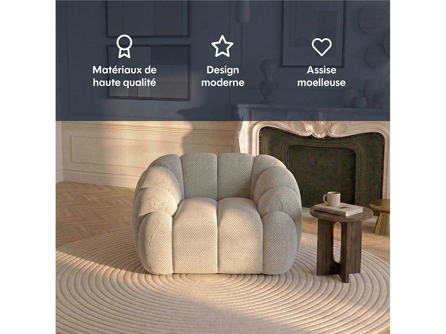 Canapé bulle 1 place en tissu chenille et bois renforcé beige - Serena