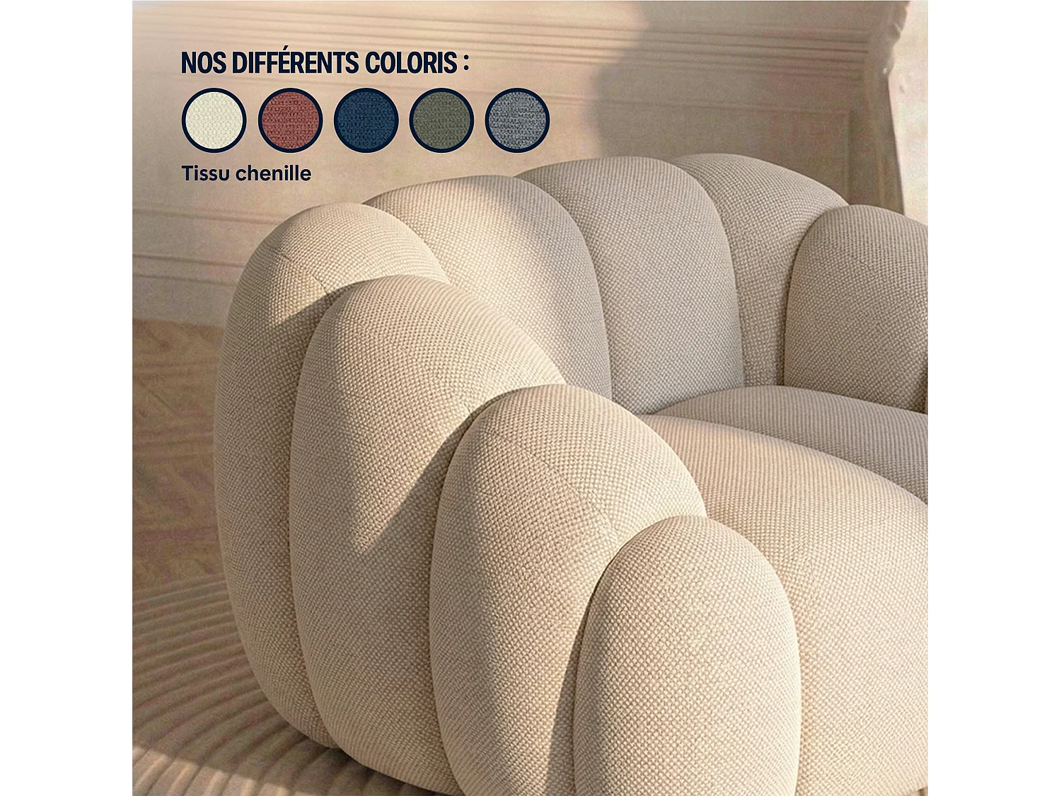 Canapé bulle 1 place en tissu chenille et bois renforcé beige - Serena
