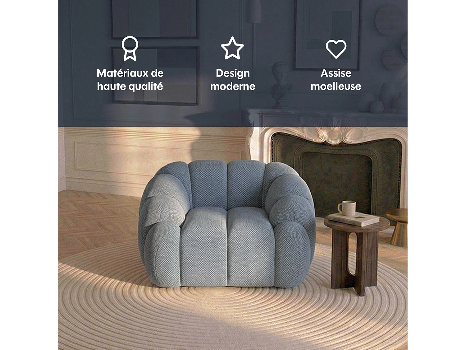 Canapé bulle 1 place en tissu chenille et bois renforcé gris - Serena