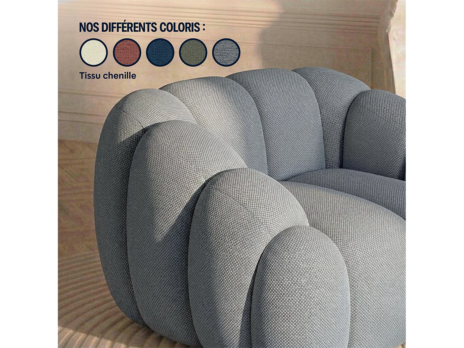 Canapé bulle 1 place en tissu chenille et bois renforcé gris - Serena