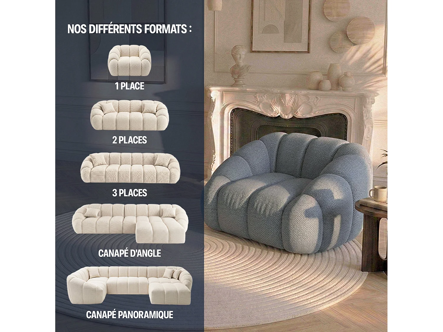 Canapé bulle 1 place en tissu chenille et bois renforcé gris - Serena