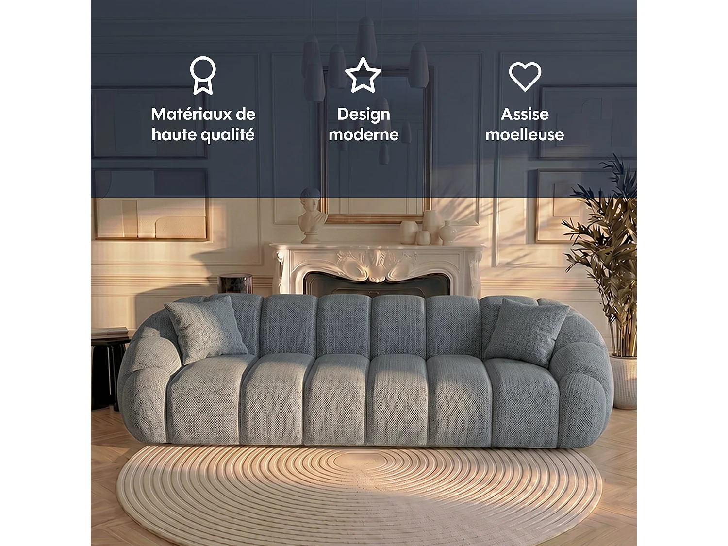 Canapé 3 places en tissu chenille gris SERENA