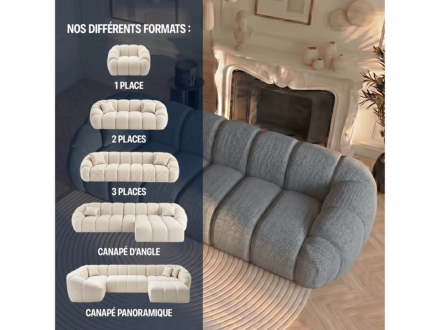 Canapé 3 places en tissu chenille gris SERENA