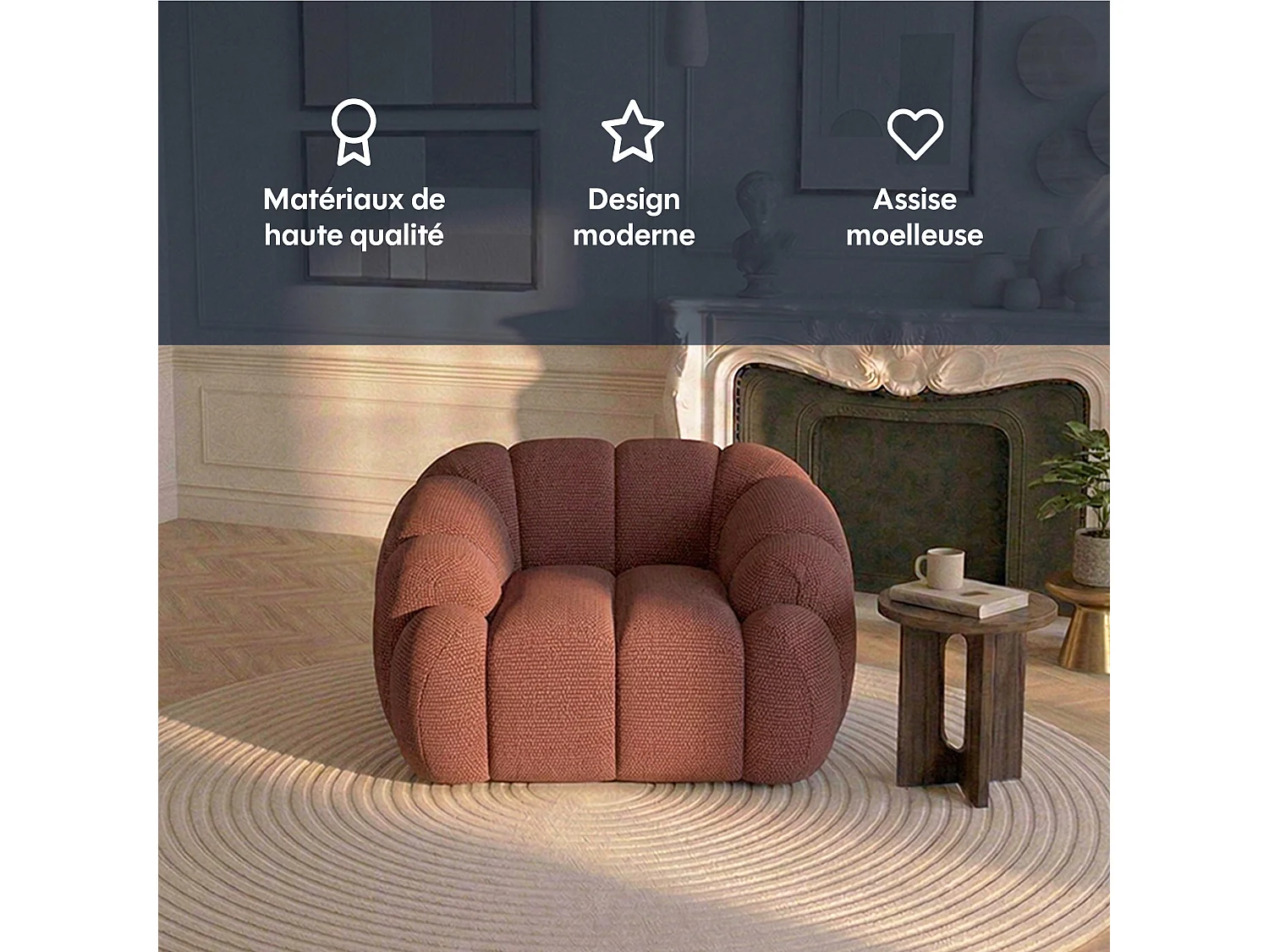 Canapé bulle 1 place en tissu chenille et bois renforcé brique - Serena